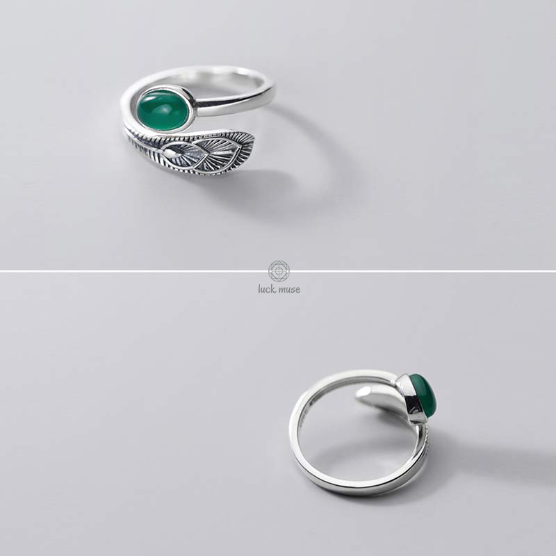 925 Sterling Silver Feather Jade Adjustable Ring for Prosperity