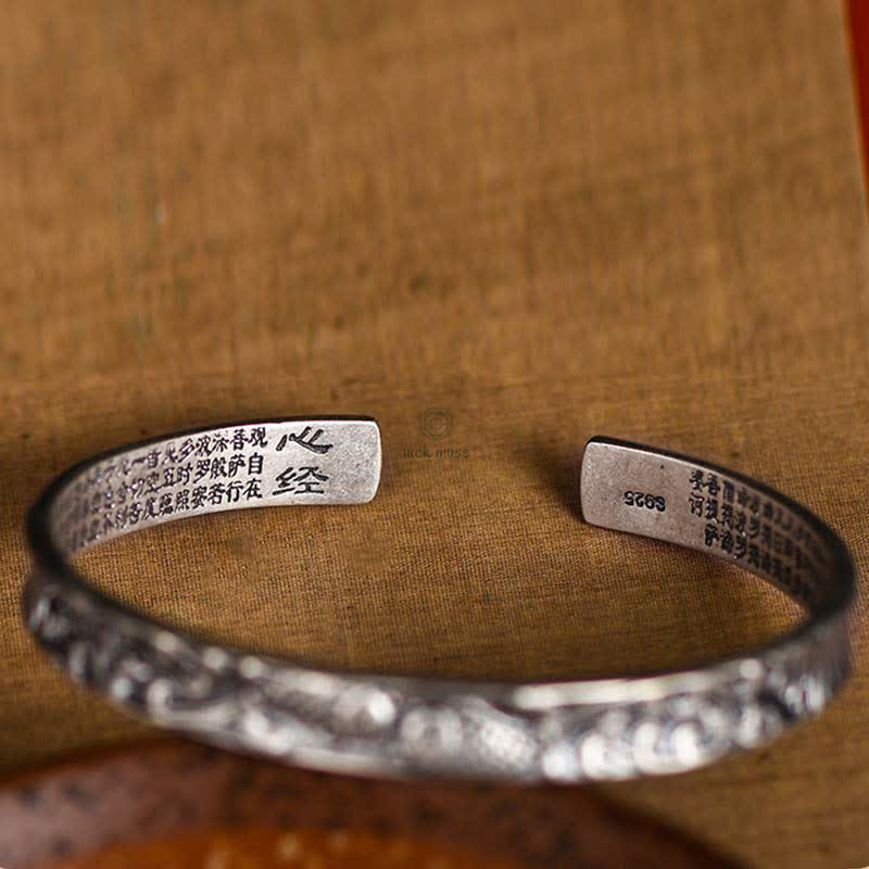 925 Sterling Silver Koi Fish Heart Sutra Bracelet Bangle - Image 3