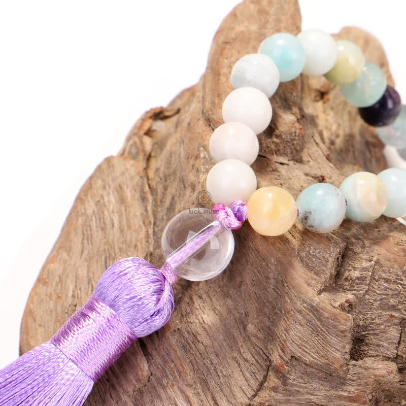 108 Bead Spiritual Tassel Bracelet with Amethyst, Fluorite, and Amazonite - Image 3