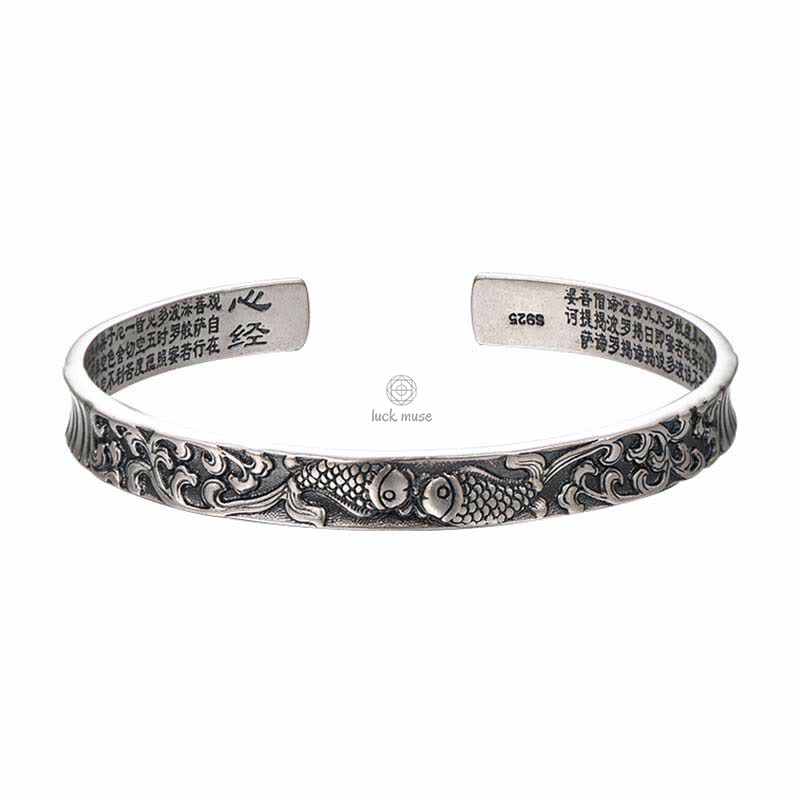 925 Sterling Silver Koi Fish Heart Sutra Bracelet Bangle - Image 7