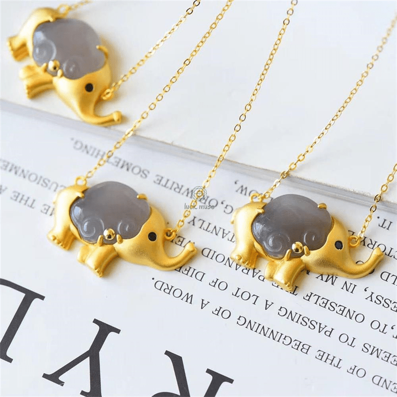 Gray Jade Elephant Protection Necklace Pendant