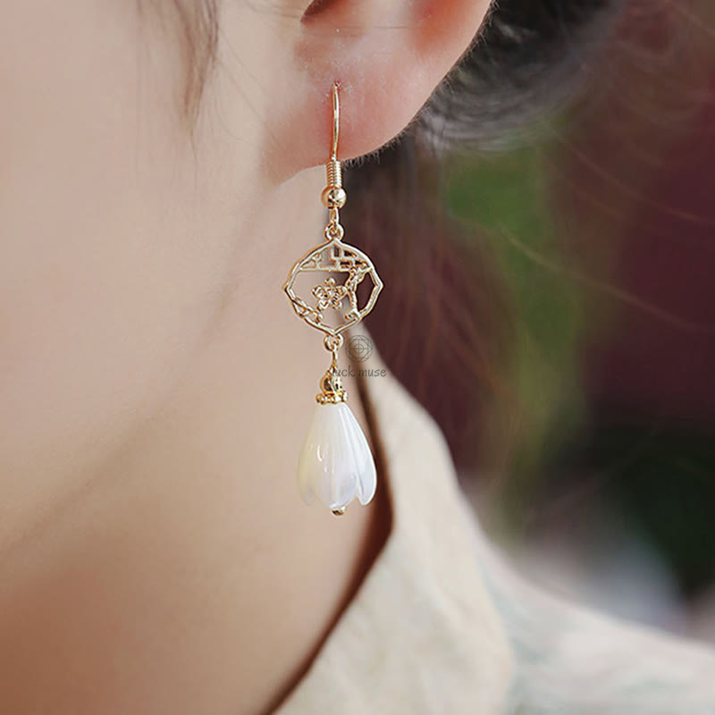 Luck Muse Gold-Plated Tridacna Stone Magnolia Flower Drop Earrings - Image 2