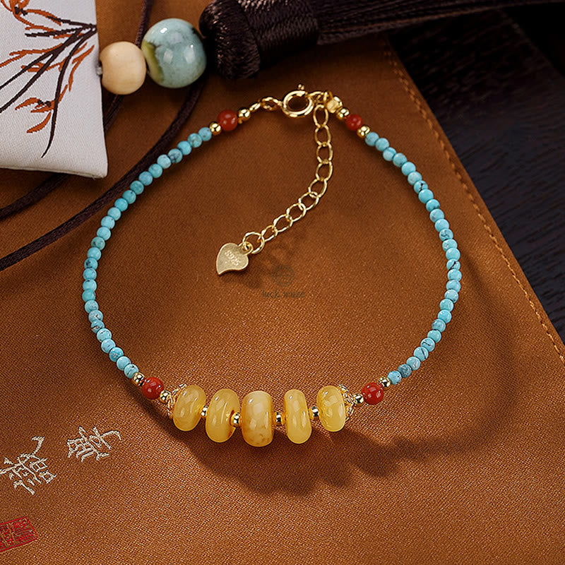 Luck Muse 925 Sterling Silver Natural Turquoise and Amber PiXiu Protection Bracelet