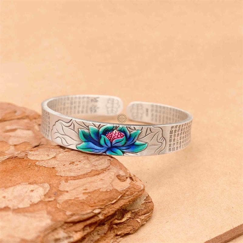 Lotus Heart Sutra Enlightenment Sterling Silver Bracelet Bangle by Luck Muse Shop - Image 4