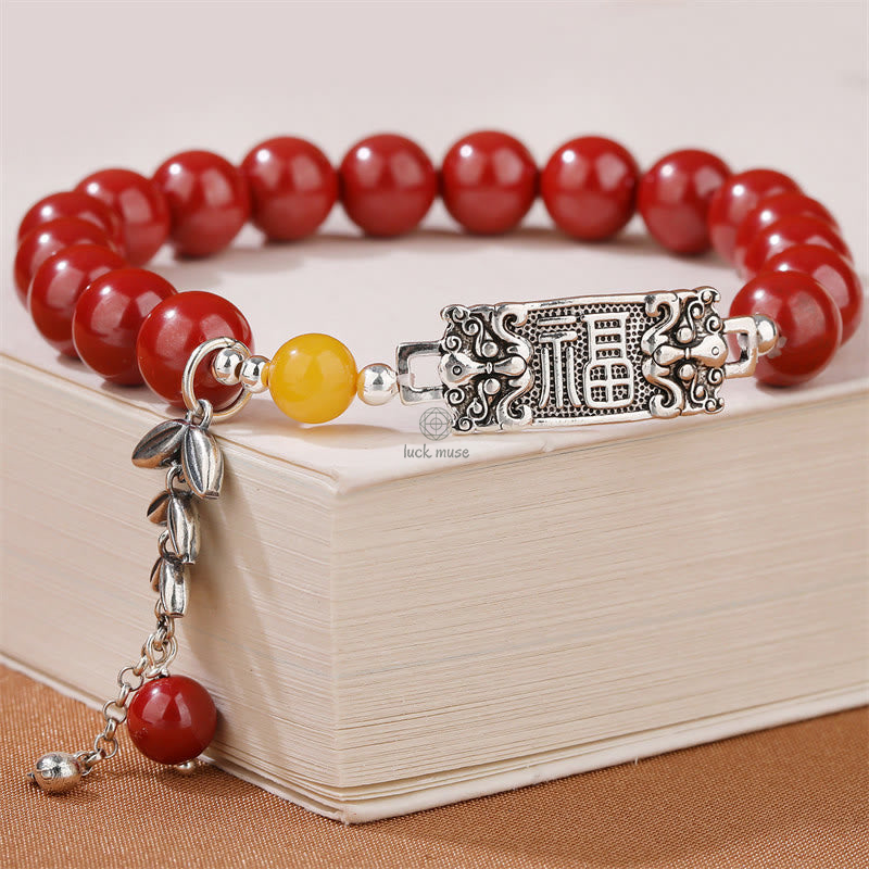 Luck Musehop 925 Sterling Silver Wheat Pattern Cinnabar Blessing Bracelet - Image 2