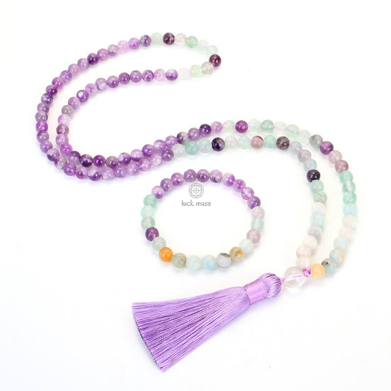 108 Bead Spiritual Tassel Bracelet with Amethyst, Fluorite, and Amazonite