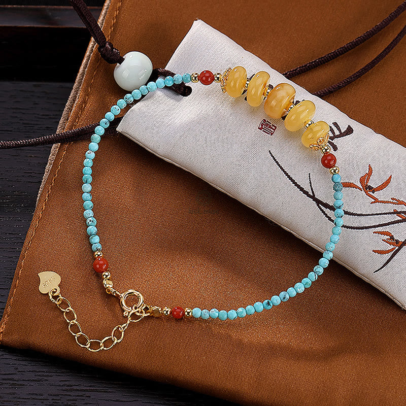 Luck Muse 925 Sterling Silver Natural Turquoise and Amber PiXiu Protection Bracelet - Image 4