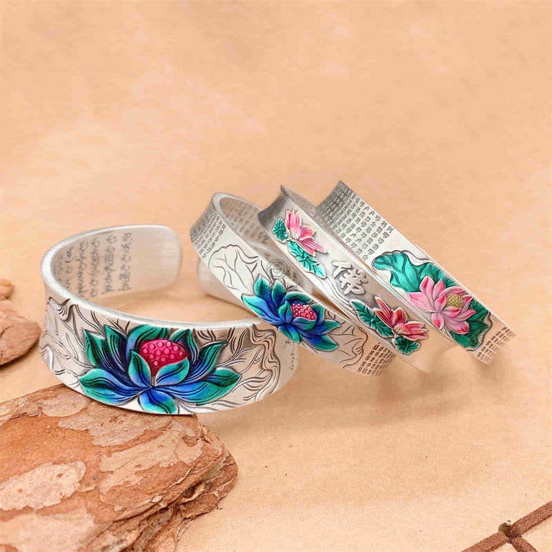 Lotus Heart Sutra Enlightenment Sterling Silver Bracelet Bangle by Luck Muse Shop