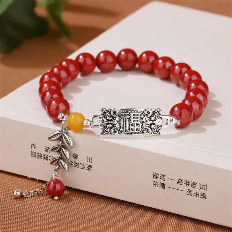 Luck Musehop 925 Sterling Silver Wheat Pattern Cinnabar Blessing Bracelet