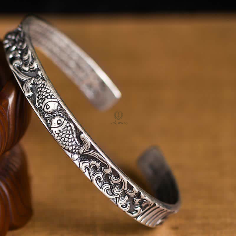 925 Sterling Silver Koi Fish Heart Sutra Bracelet Bangle - Image 5