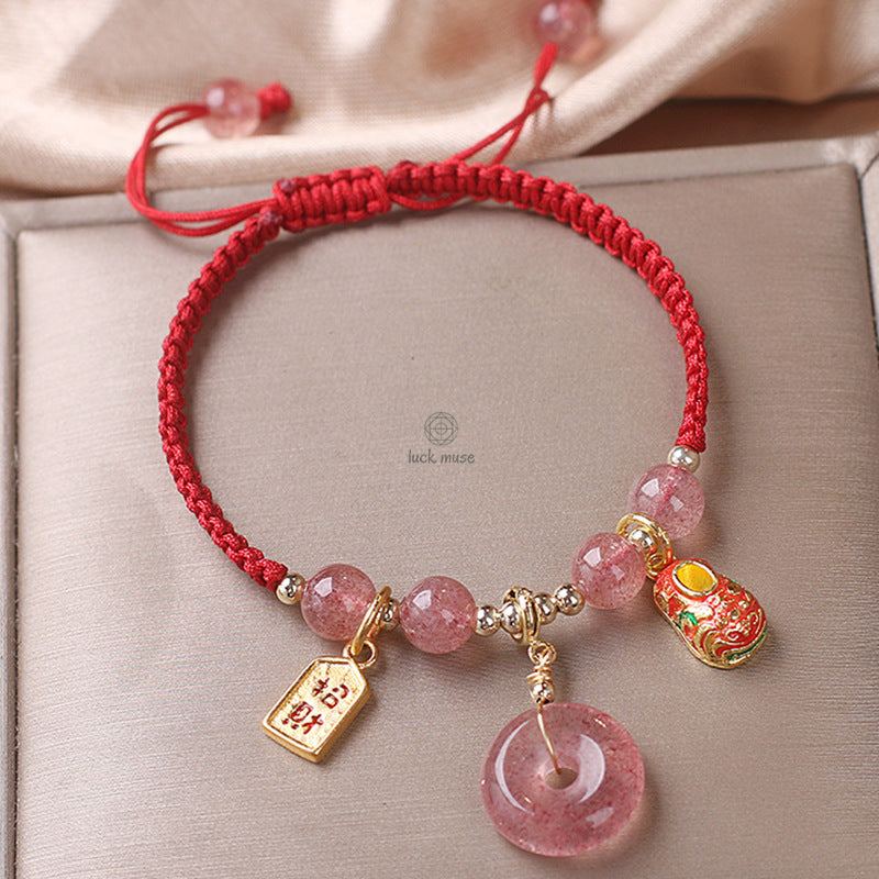 Luck Muse Strawberry Quartz Money Bag Bracelet for Wealth, Peace, and Healing - Image 6