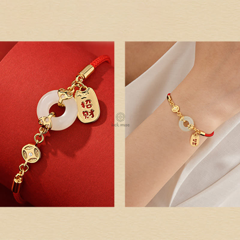 White Jade Luck Muse Peace Bracelet with Copper Coin Fortune Charm