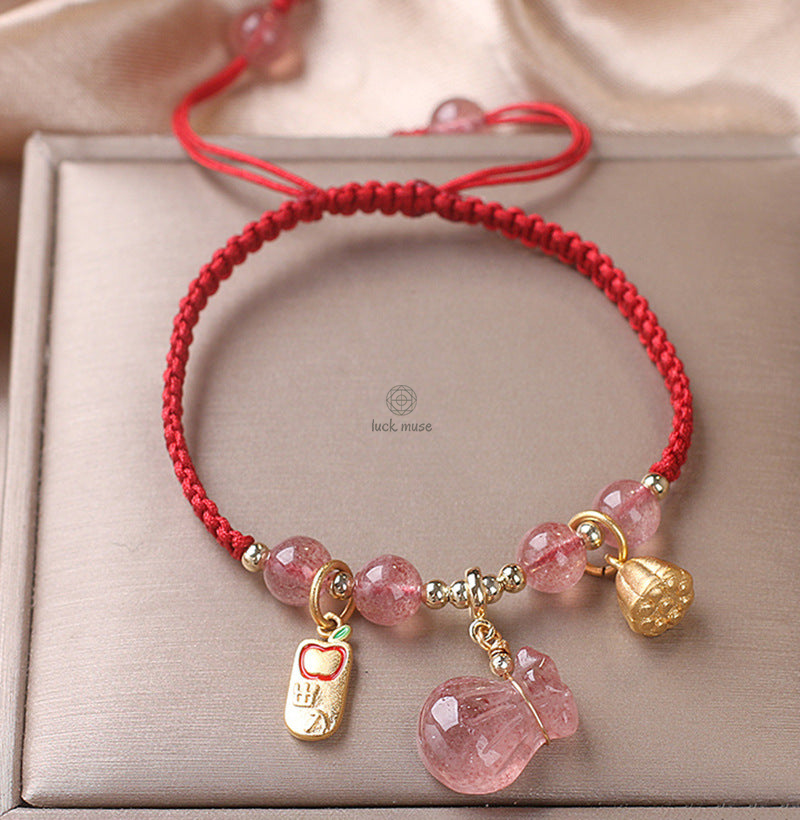 Luck Muse Strawberry Quartz Money Bag Bracelet for Wealth, Peace, and Healing