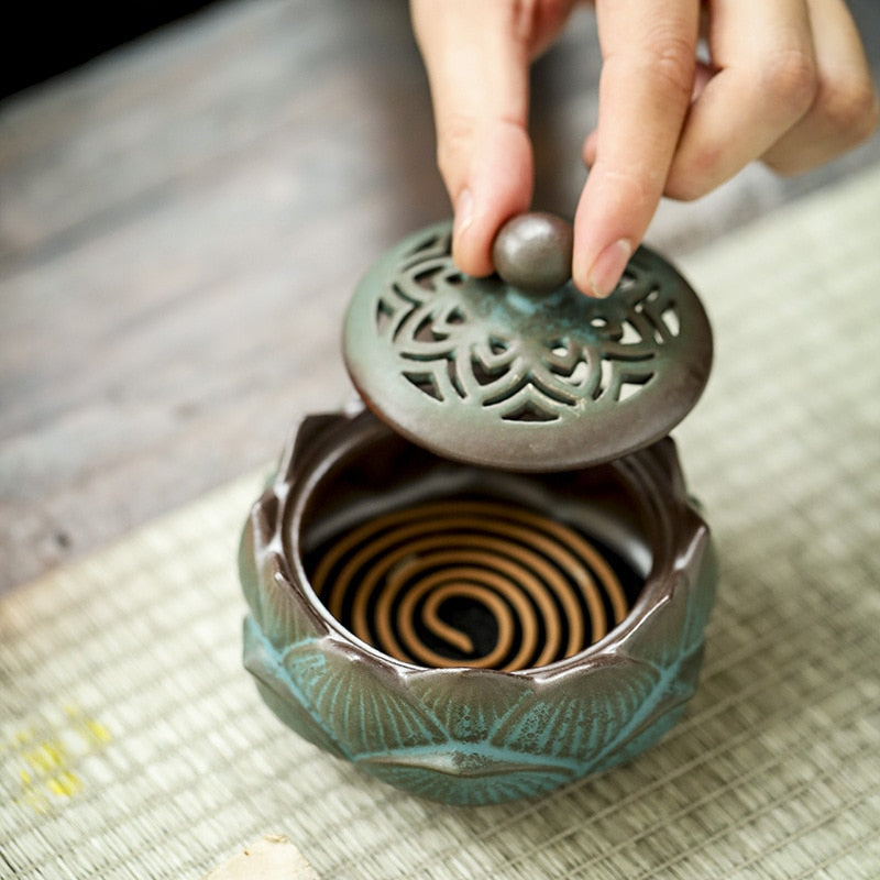 Handcrafted Lotus Ceramic Incense Holder with Coil - Image 2