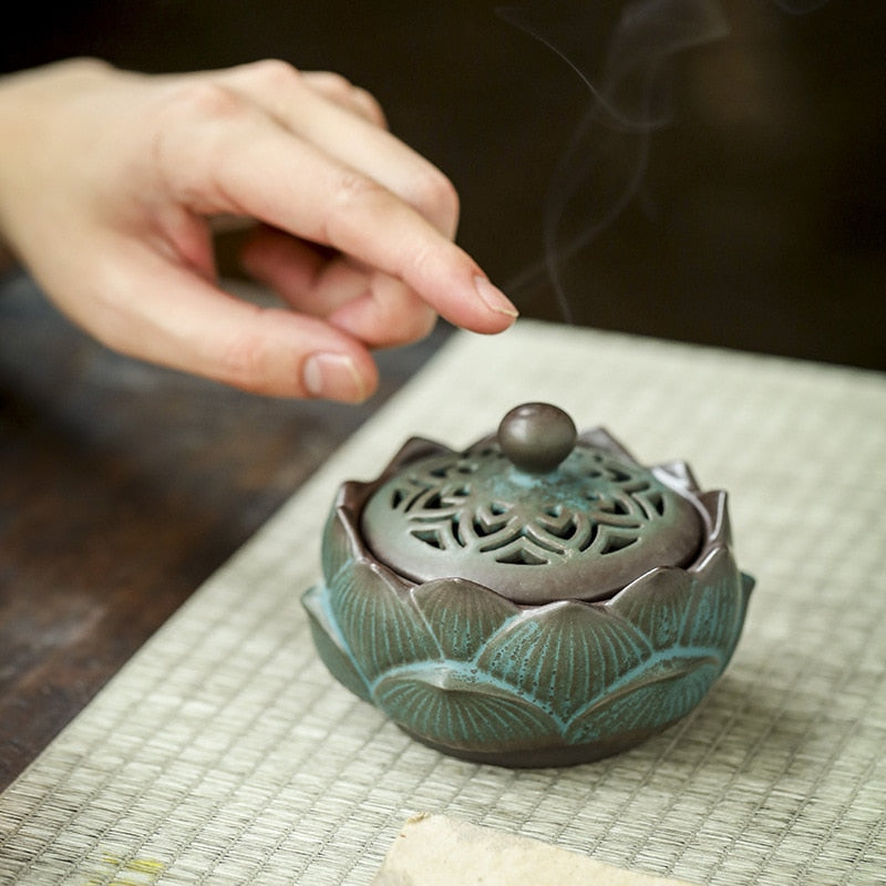 Handcrafted Lotus Ceramic Incense Holder with Coil - Image 3