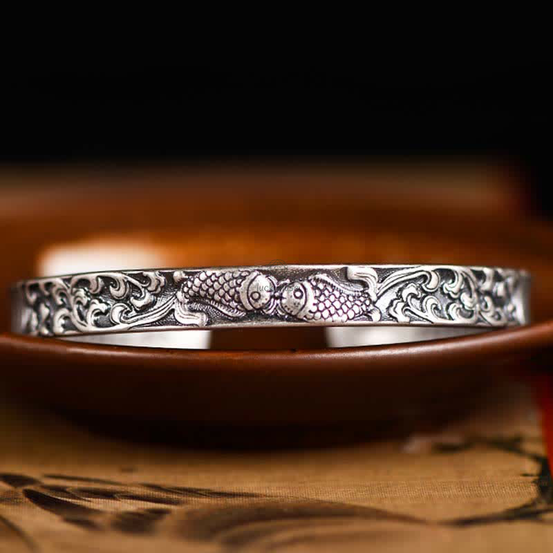 925 Sterling Silver Koi Fish Heart Sutra Bracelet Bangle - Image 6