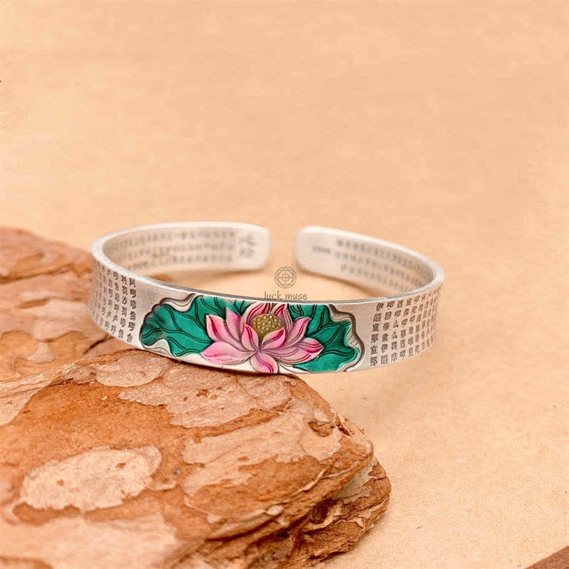 Lotus Heart Sutra Enlightenment Sterling Silver Bracelet Bangle by Luck Muse Shop - Image 2