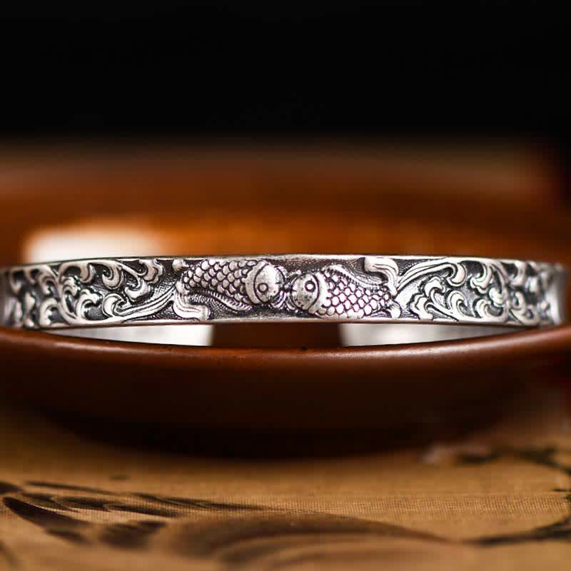 925 Sterling Silver Koi Fish Heart Sutra Bracelet Bangle - Image 2