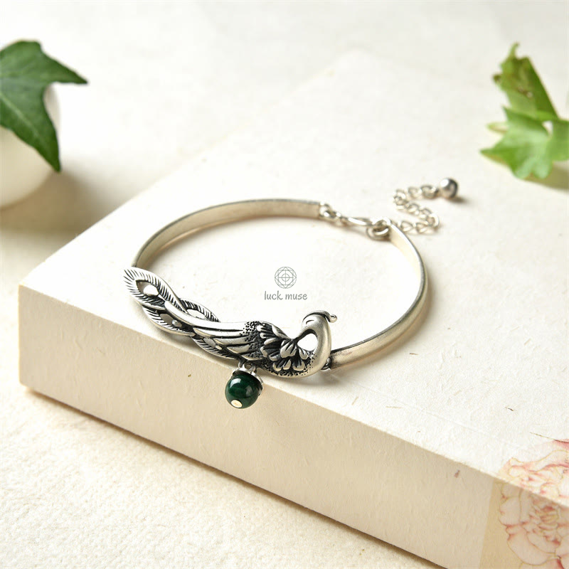 Peacock Engraved Malachite Sterling Silver Fortune Bracelet by Luck Muse Shop
