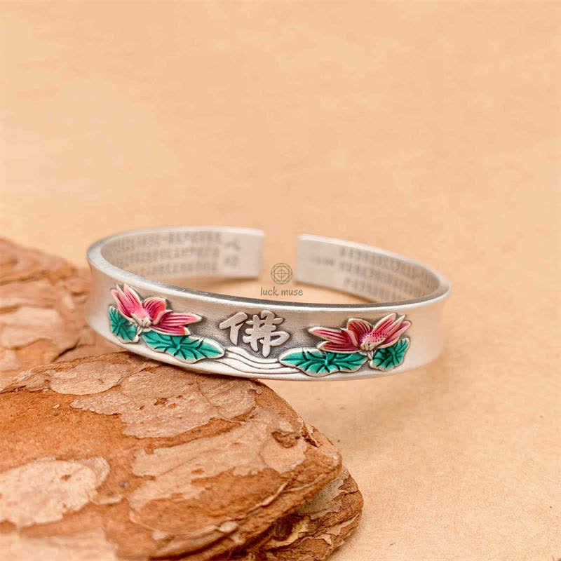 Lotus Heart Sutra Enlightenment Sterling Silver Bracelet Bangle by Luck Muse Shop - Image 3
