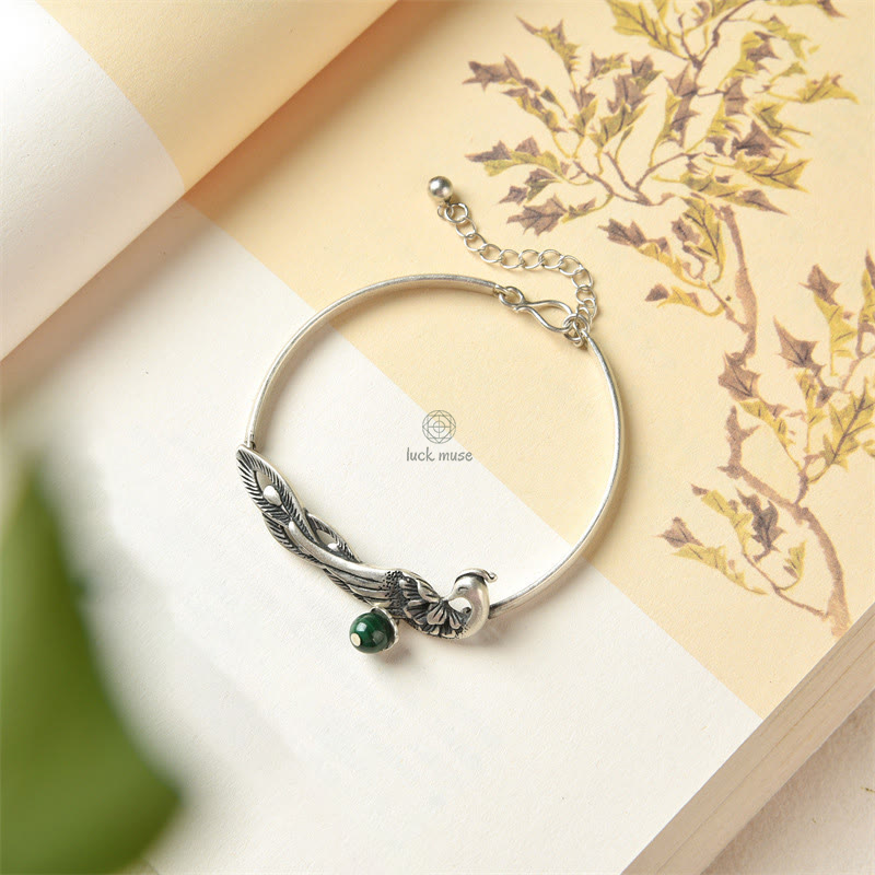 Peacock Engraved Malachite Sterling Silver Fortune Bracelet by Luck Muse Shop - Image 2