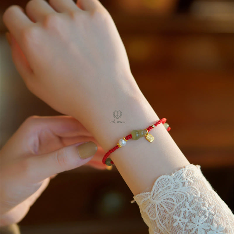 Green Aventurine Luck Muse Luck Gourd Fu Character Red Rope Bracelet - Image 4