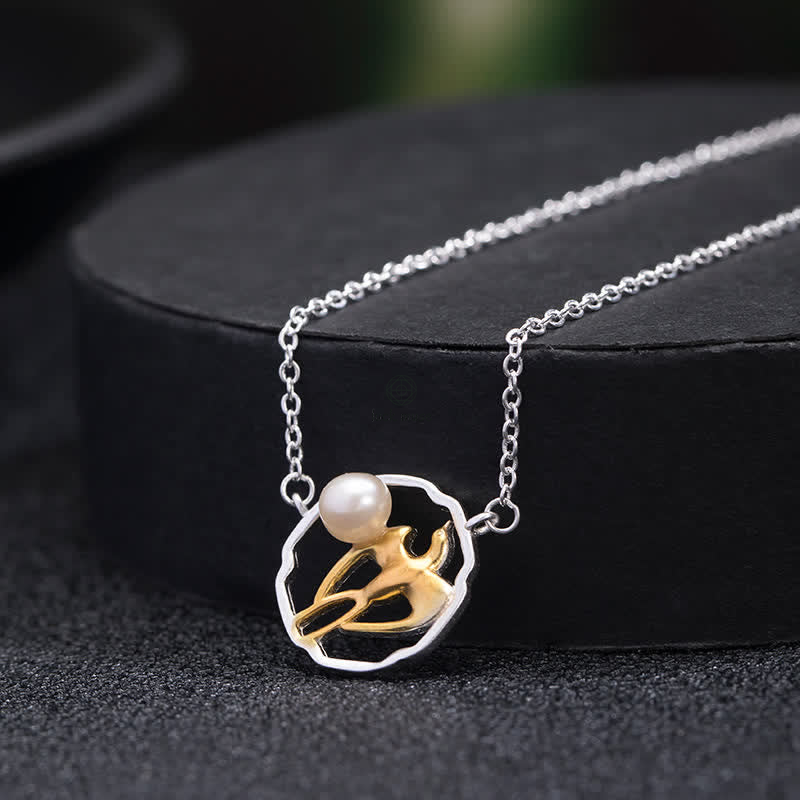 Swallow Pearl Blessing Necklace Pendant in 925 Sterling Silver by Luck Muse Shop