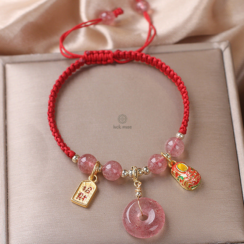 Luck Muse Strawberry Quartz Money Bag Bracelet for Wealth, Peace, and Healing - Image 8