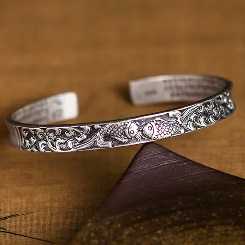 925 Sterling Silver Koi Fish Heart Sutra Bracelet Bangle