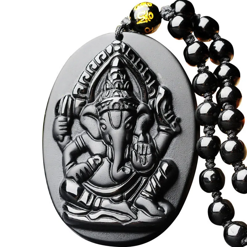 Tibetan Obsidian Ganesh Elephant Wealth Amulet Necklace