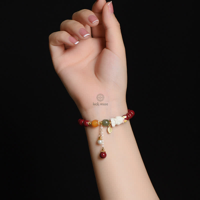 Year of the Rabbit Cinnabar Hetian Jade Bunny Beaded Bracelet with Blessings - Image 3