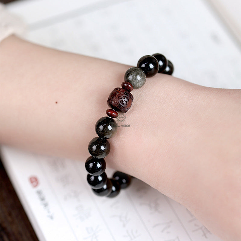 Natural Gold Sheen Obsidian Rainbow Obsidian Om Mani Padme Hum Healing Bracelet - Image 19