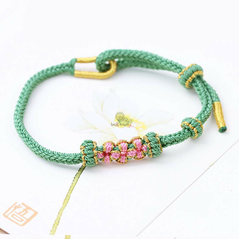 Braided String Bracelet with Handmade Three Peach Blossoms for Good Luck - Eight Strands - Image 5