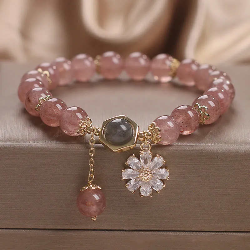 Strawberry Quartz Crystal Daisy Charm Healing Bracelet