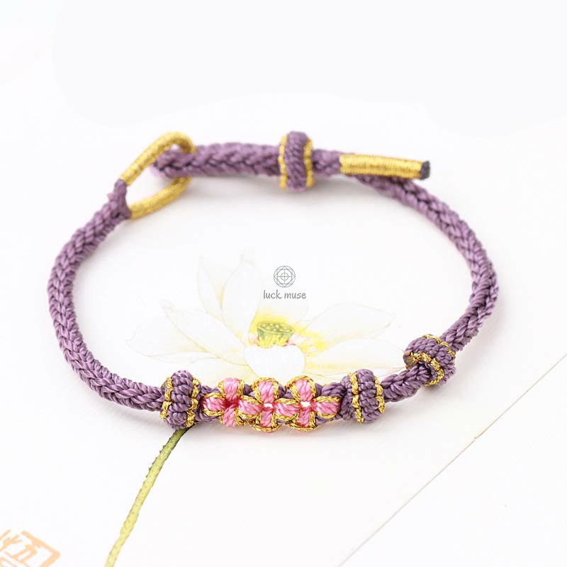 Braided String Bracelet with Handmade Three Peach Blossoms for Good Luck - Eight Strands - Image 8
