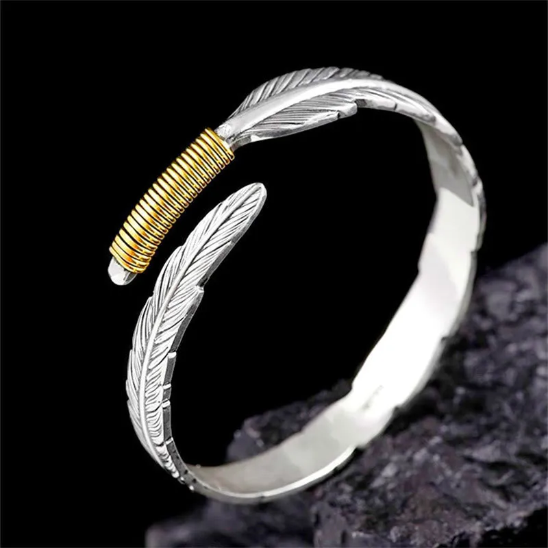 Luck Muse Feather Pattern Engraved Lucky Cuff Bracelet Bangle - Image 3