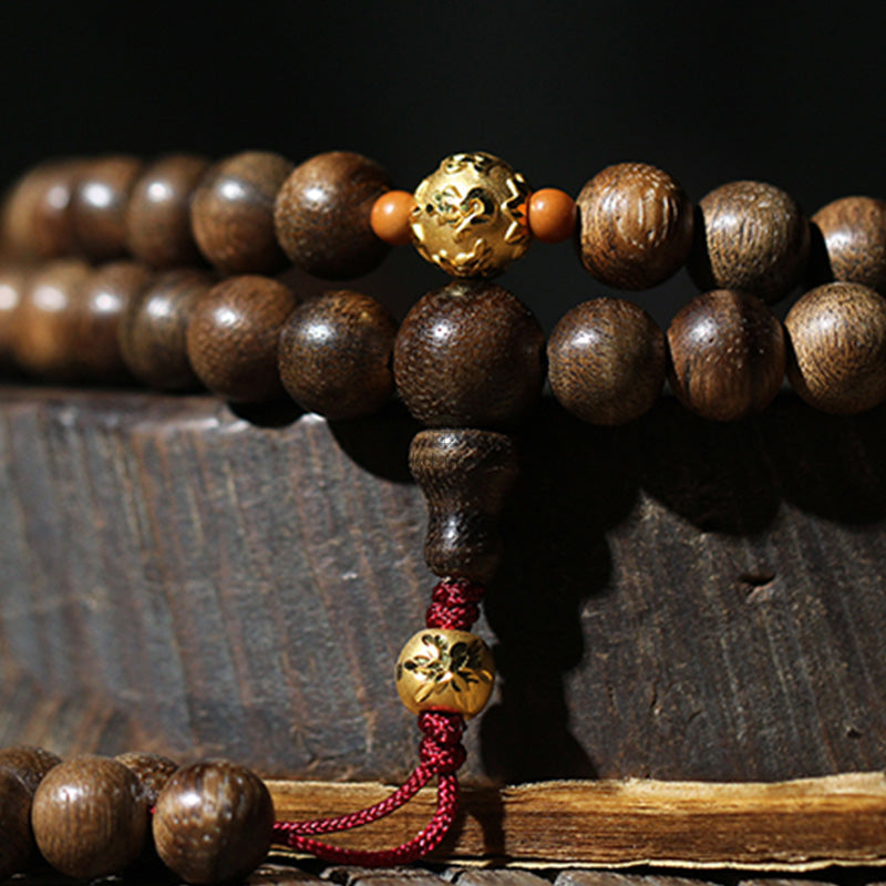 Luck Muse 999 Gold 108 Mala Beads Agarwood Cyan Jade Six Words Strength Bracelet - Image 16
