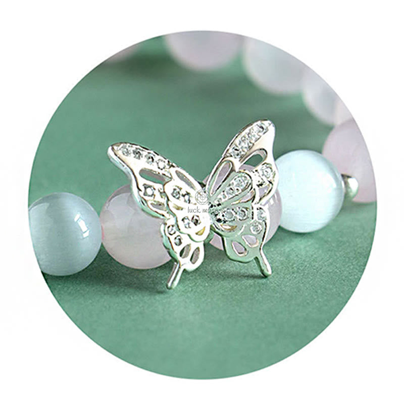 Blue Chalcedony and Pink Crystal Butterfly Energy Bracelet with Luck Muse - Image 4
