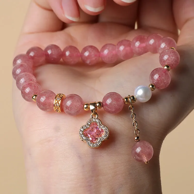 Luck Muse Strawberry Quartz and Pearl Four Leaf Clover Charm Bracelet for Healing - Image 5