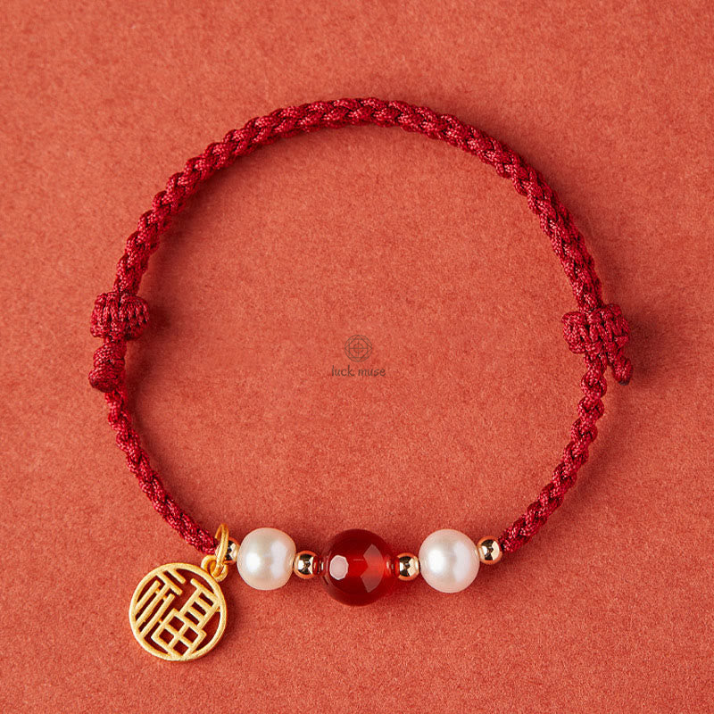 Luck Muse 925 Sterling Silver Fu Character Agate Pearl Red String Braid Bracelet - Image 11