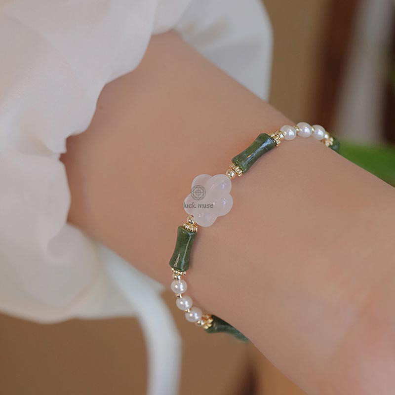 Peridot Agate and Pearl Bracelet with Luck Muse and Bamboo Flower Accents for Peace - Image 6