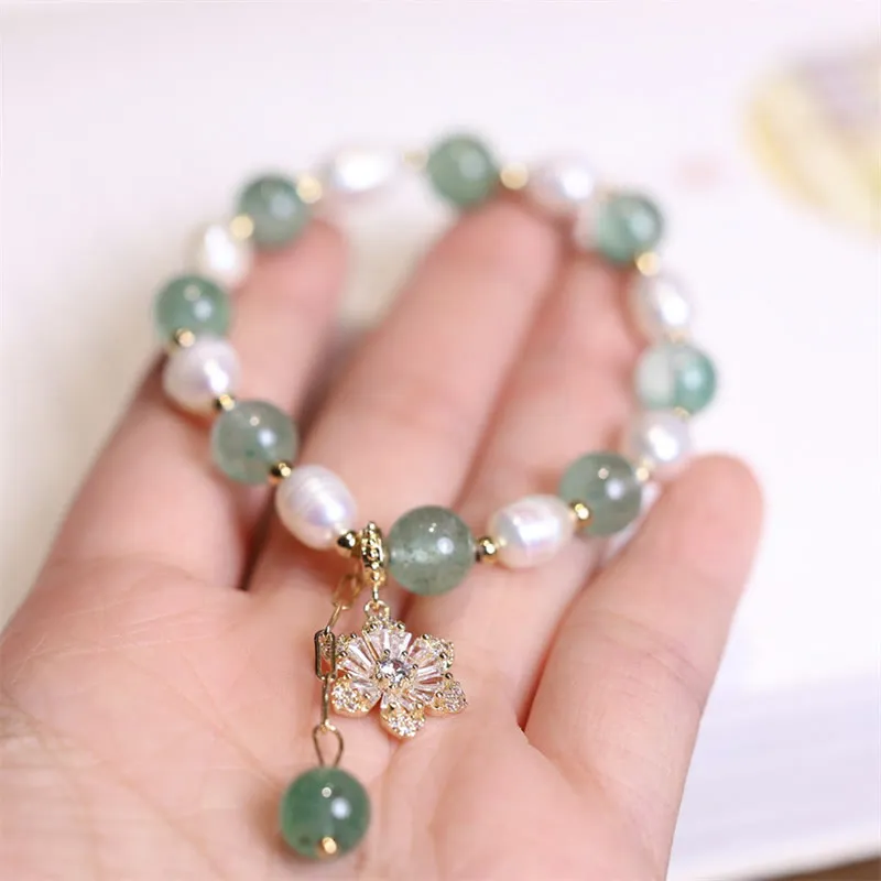 Natural Green Strawberry Quartz Pearl Flower Charm Bracelet - Image 4