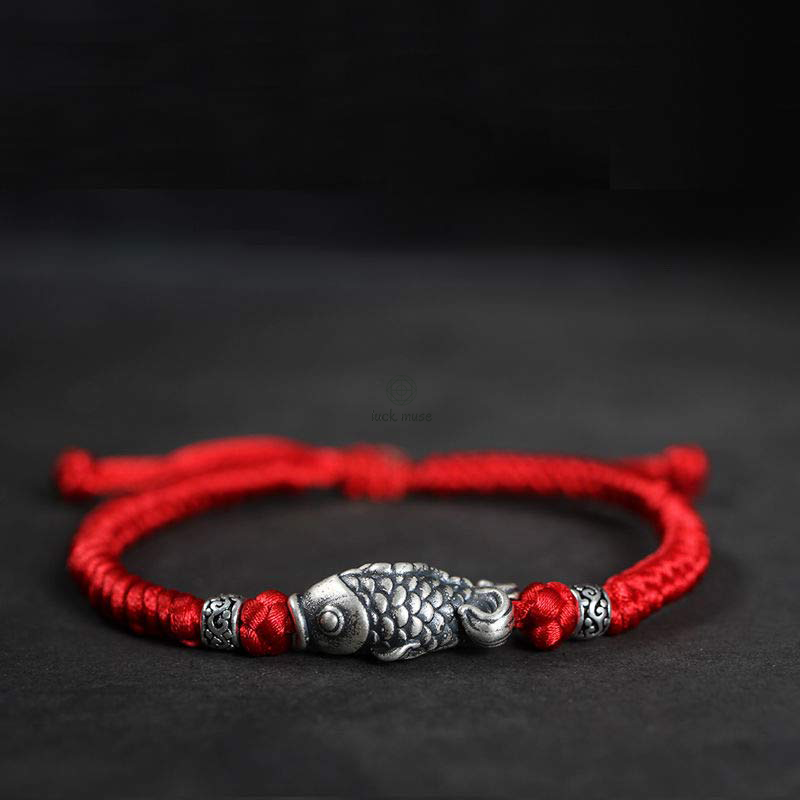 Braided String Bracelet with Silver Koi Fish Design for Good Fortune