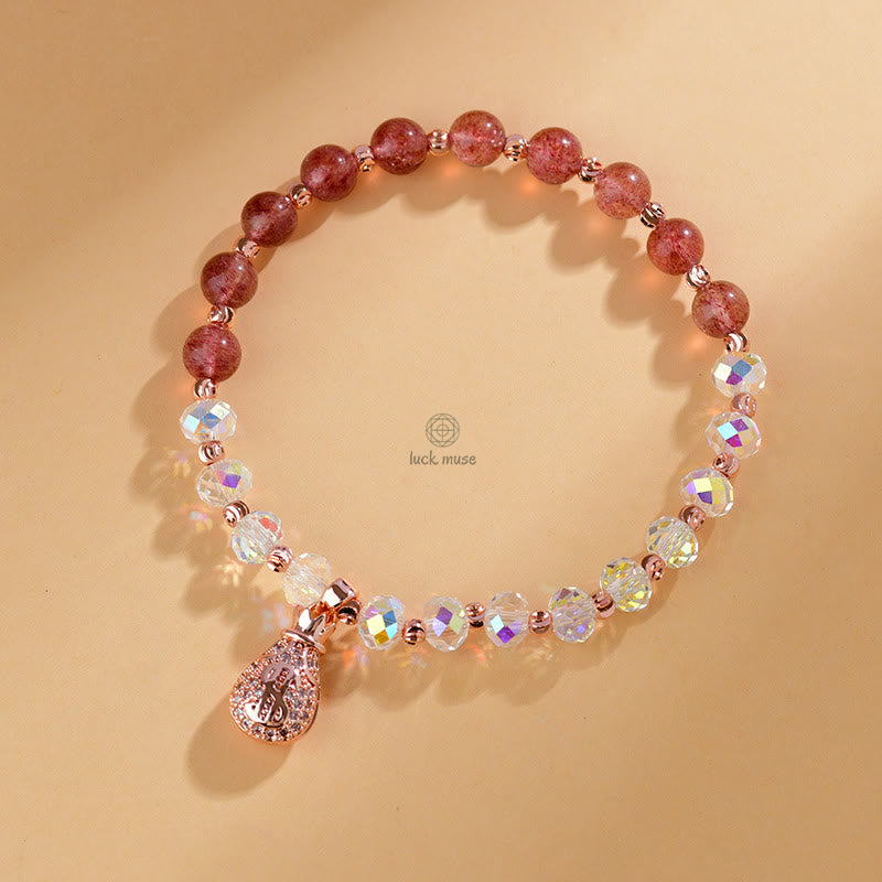 Luck Muse Strawberry Quartz & White Crystal Money Bag Charm Bracelet - Image 13