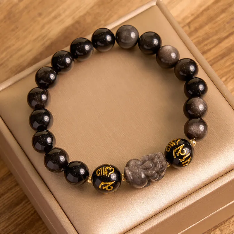 Silver Sheen Obsidian Luck Muse Bracelet with Om Mani Padme Hum Pixiu Protection - Image 2