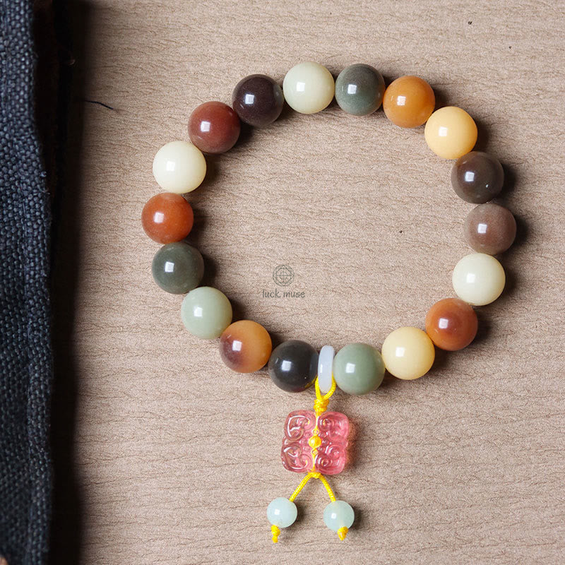 Multicolored Gradient Bodhi Seed and Liuli Glass Charm Bracelet infused with Luck Muse for Peace - Image 3