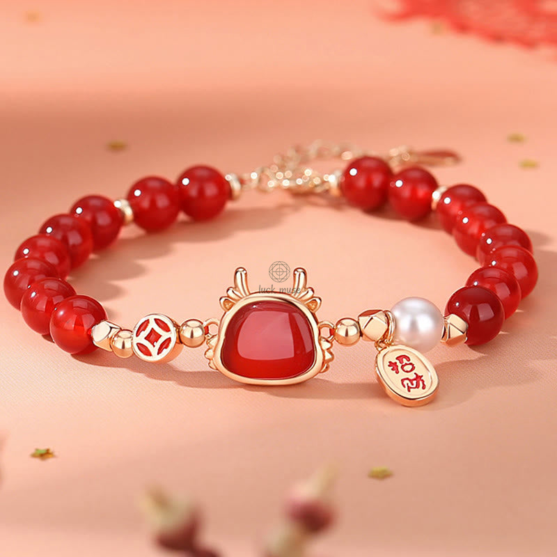 Luck Muse 925 Sterling Silver Dragon Year Natural Red Agate Hetian Jade Fortune Success Bracelet