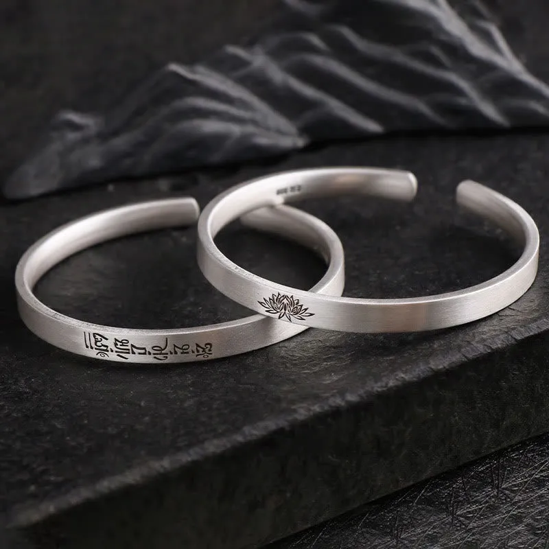 999 Sterling Silver Om Mani Padme Hum Lotus Engraved Peace Bracelet Bangle - Image 2