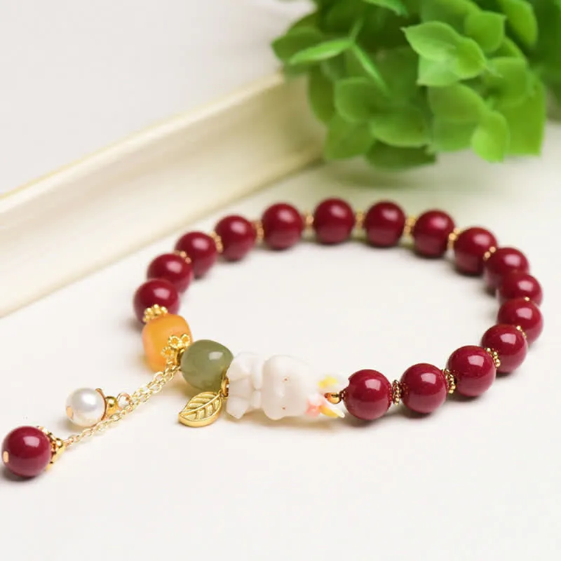 Year of the Rabbit Cinnabar Hetian Jade Bunny Beaded Bracelet with Blessings - Image 7