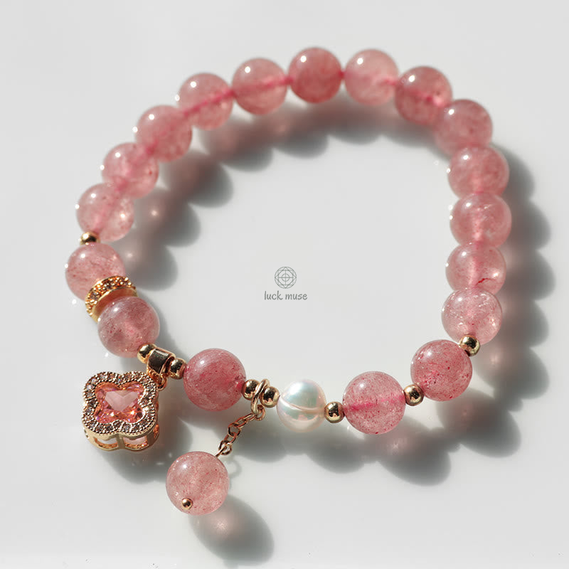 Luck Muse Strawberry Quartz and Pearl Four Leaf Clover Charm Bracelet for Healing - Image 9